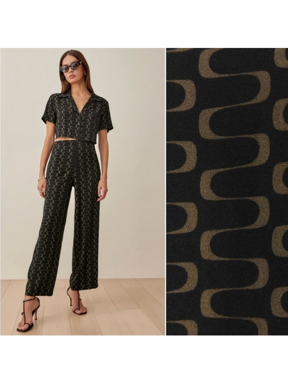 Reformation Noah Cropped Top & Pants Two Piece Set Linguini Print Black Tan 6